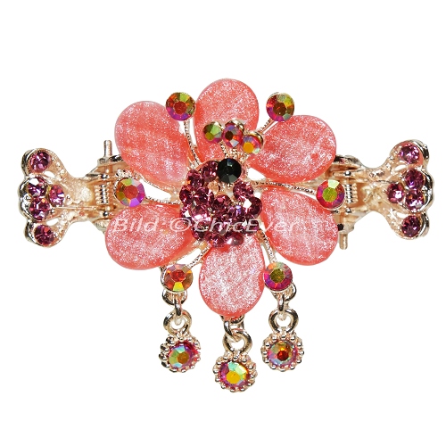 Haargreifer Blume&Pfau Haarspange Haarkneifer Haarklammer Metall & Strass rot rosa gold 4671a - zum Schließen ins Bild klicken